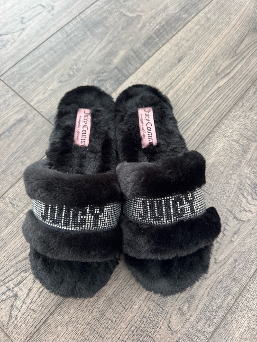 Juicy Couture Black Faux Fur Slide Slippers with Rhinestone Logo Strap